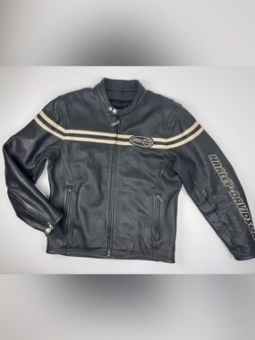 Vintage Harley-Davidson Black Leather Jacket with Cream Racing Stripes